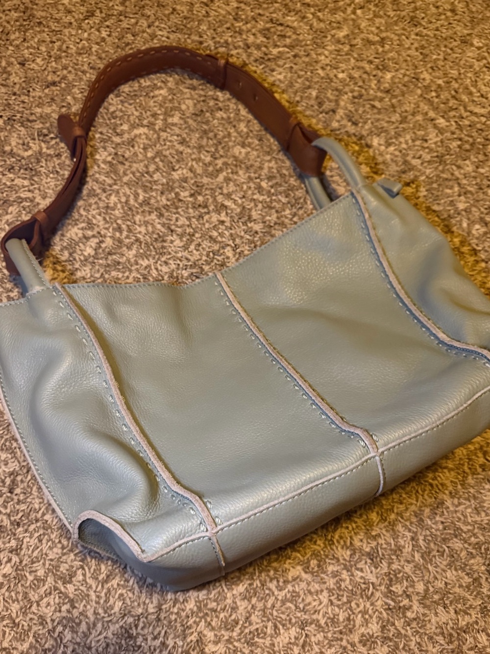 Sage Leather Shoulder Bag with Brown Strap